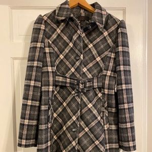 Via Belted Plaid Walker Coat NWOT